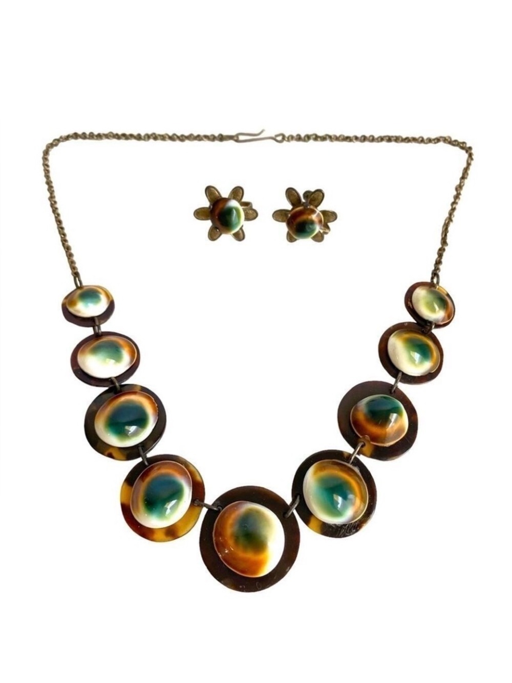 Art Deco Operculum Shell Necklace Earrings Set Faux Tortoiseshell Estate Piece